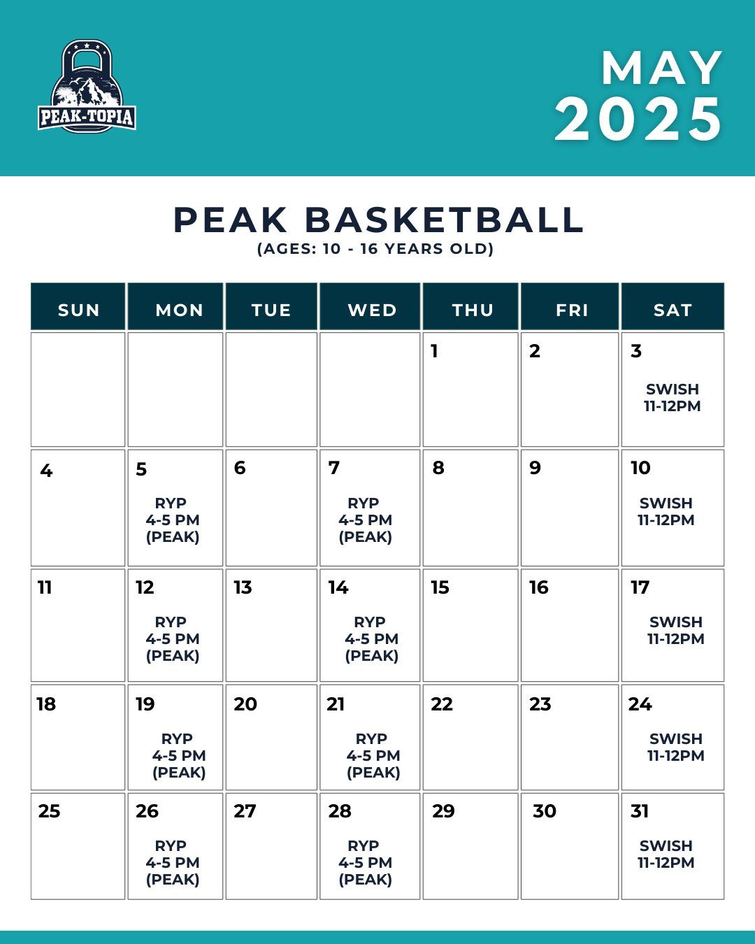 PEAK BASKETBALL CALENDAR 2025